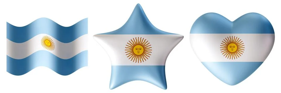 Set of Argentina flags in various shapes, isolated on white background. Cut out Stock Illustration