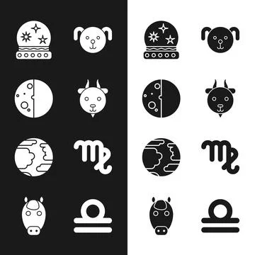 Set Aries zodiac, Eclipse of the sun, Magic ball, Dog, Planet Mercury, Virgo Stock Illustration