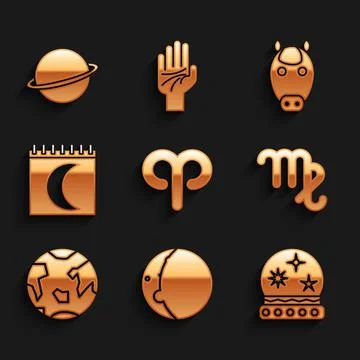 Set Aries zodiac, Eclipse of the sun, Magic ball, Virgo, Planet Earth, Moon Ilustração Stock