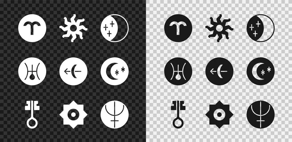 Set Aries zodiac, Sun, Eclipse of the sun, Old magic key, Falling star, Nep.. 스톡 일러스트