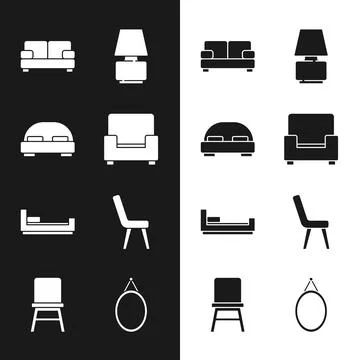 Set Armchair, Big bed, Sofa, Table lamp, Bed, Mirror and Chair icon. Vector Illustrazione stock