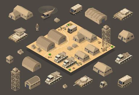 Set of army armed troop isometric armed military transport objects Stock Illustration