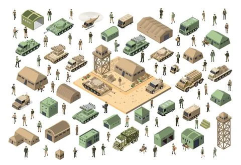 Set of army armed troop isometric armed military transport objects Stock Illustration