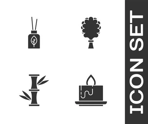 Set Aroma candle, diffuser, Bamboo and Sauna broom icon. Vector Stock Illustration