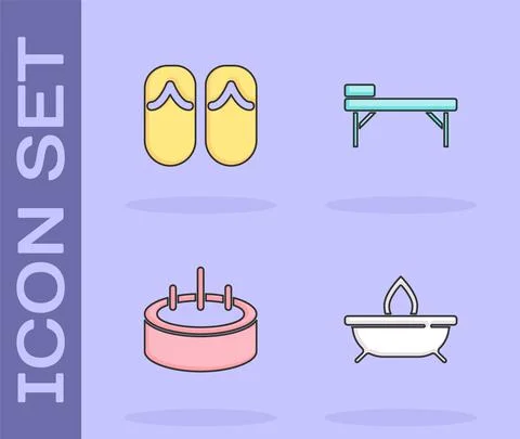 Set Aroma candle, Flip flops, Swimming pool with ladder and Massage table icon Stock Illustration