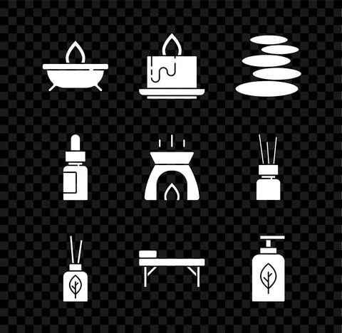 Set Aroma candle, Stack hot stones, diffuser, Massage table, Essential oil Stock Illustration