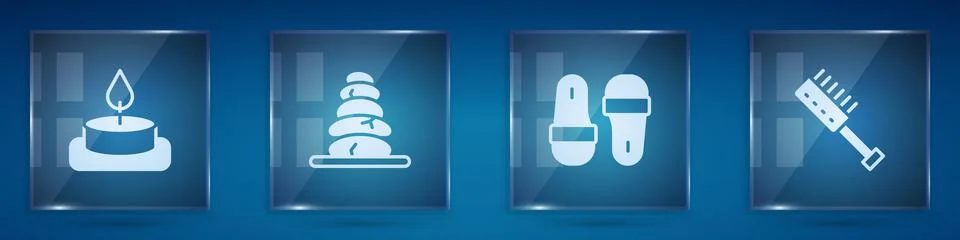 Set Aroma candle, Stack hot stones, Sauna slippers and brush. Square glass .. Stock Illustration