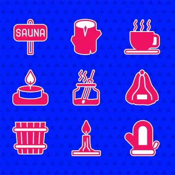 Set Aroma diffuser, Burning candle, Sauna mitten, hat, bucket, Cup of tea and Stock Illustration