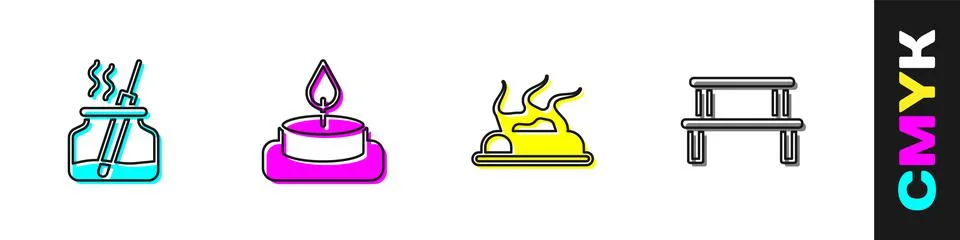 Set Aroma diffuser, candle, Campfire and Sauna wood bench icon. Vector Illustrazione stock