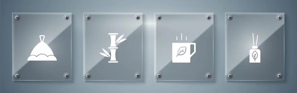 Set Aroma diffuser, Cup of tea and leaf, Bamboo and Sauna hat. Square glass Stockillustratie