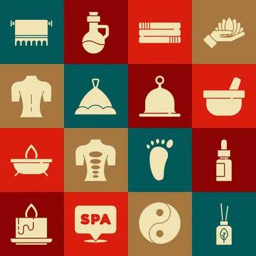 Set Aroma diffuser, Essential oil bottle, Mortar and pestle, Towel stack, Sauna Stock Illustration