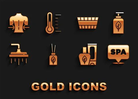 Set Aroma diffuser, Essential oil bottle, Spa salon, Ointment cream tube, Shower Stock Illustration