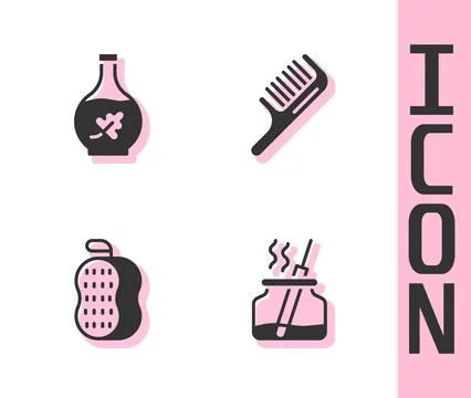 Set Aroma diffuser, Essential oil bottle, Washcloth and Hairbrush icon. Vector Illustrazione stock