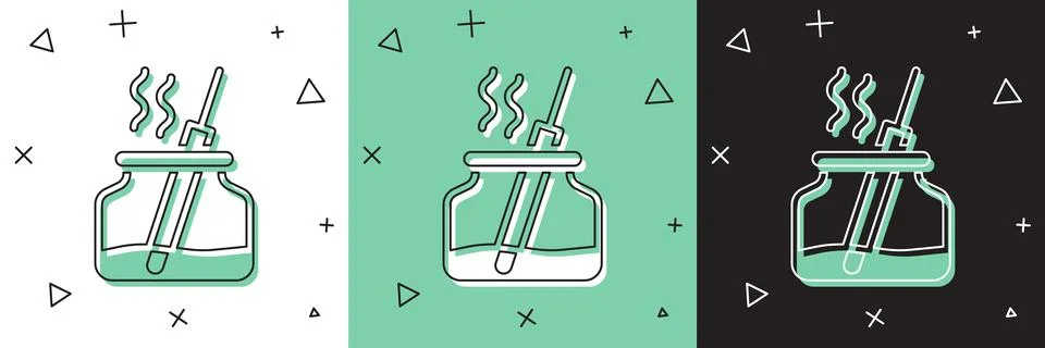 Set Aroma diffuser icon isolated on white and green, black background. Glass  Stock Illustration