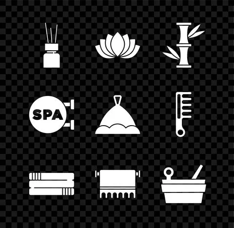 Set Aroma diffuser, Lotus flower, Bamboo, Towel stack, on hanger, Sauna bucket Illustrazione stock