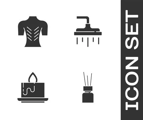 Set Aroma diffuser, Massage, candle and Shower head icon. Vector Stockillustratie