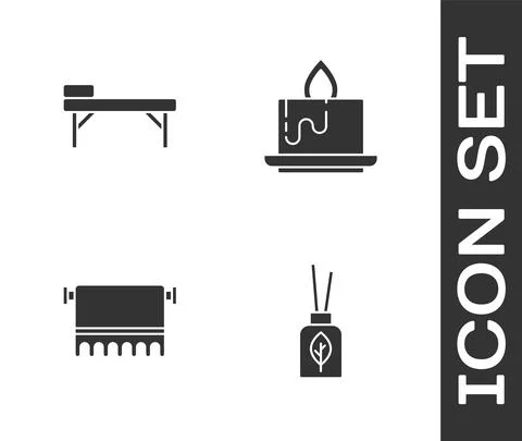 Set Aroma diffuser, Massage table, Towel on hanger and candle icon. Vector Stock Illustration
