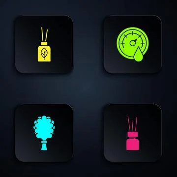 Set Aroma diffuser, , Sauna broom and thermometer. Black square button. Vector Stock Illustration