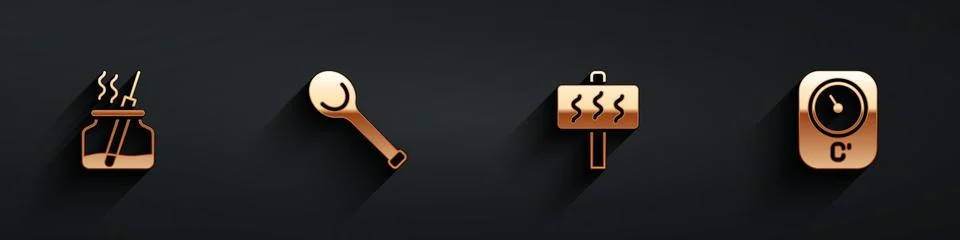 Set Aroma diffuser, Sauna ladle,  and thermometer icon with long shadow. Vect Illustrazione stock