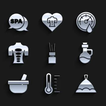 Set Aroma diffuser, Sauna thermometer, hat, Essential oil bottle, Mortar and イラスト素材