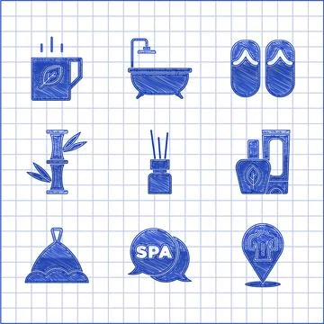 Set Aroma diffuser, Spa salon, Massage, Ointment cream tube, Sauna hat, Bamboo Stock Illustration