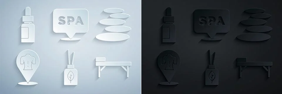 Set Aroma diffuser, Stack hot stones, Massage, table, Spa salon and Essential イラスト素材