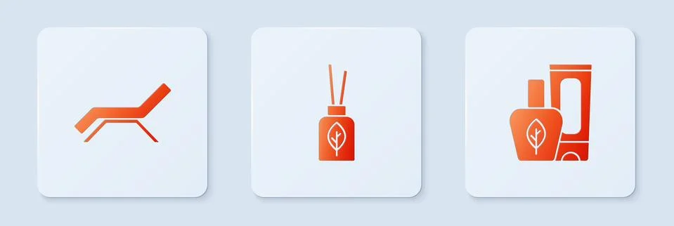 Set Aroma diffuser, Sunbed and umbrella and Ointment cream tube. White square Illustrazione stock