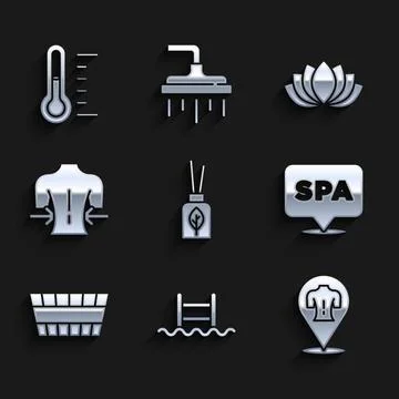Set Aroma diffuser, Swimming pool with ladder, Massage, Spa salon, Sauna bucket Illustrazione stock