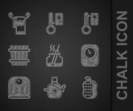 Set Aroma diffuser, Teapot with leaf, Washcloth, Sauna thermometer, Bathroom  Stock Illustration