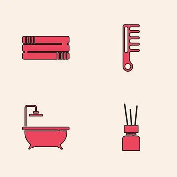 Set Aroma diffuser, Towel stack, Hairbrush and Bathtub icon. Vector Stock Illustration