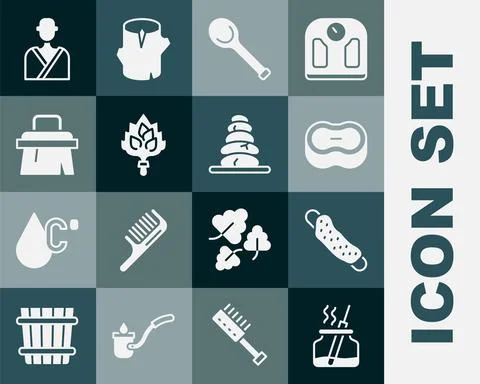 Set Aroma diffuser, Washcloth, Bar of soap, Sauna ladle, broom, brush, Man in Illustrazione stock