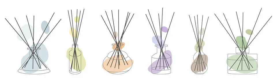 Set of aroma diffusers in jar with wooden Bamboo sticks for the home. Doodl.. Stock Illustration