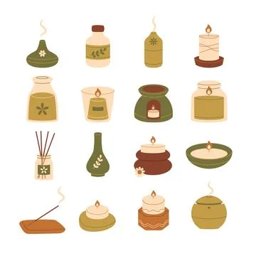 Set of aromatherapy set collection, Aromatic oil with candle, diffuser, ess.. Illustrazione stock