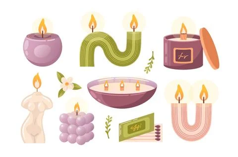 A set of aromatic burning soy candles. In a glass with a wooden wick, a curved Illustrazione stock