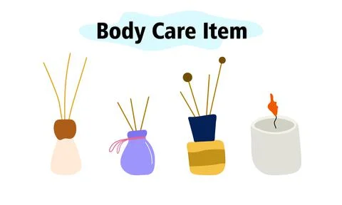 A set of aromatic items for the bathroom. Scented candle and sticks. Body care 스톡 일러스트