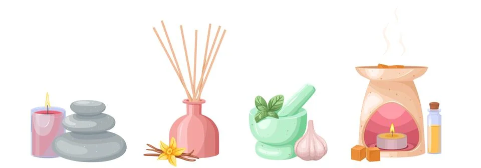 A set of aromatic items on an isolated white background. Hygge time Stock-Illustration