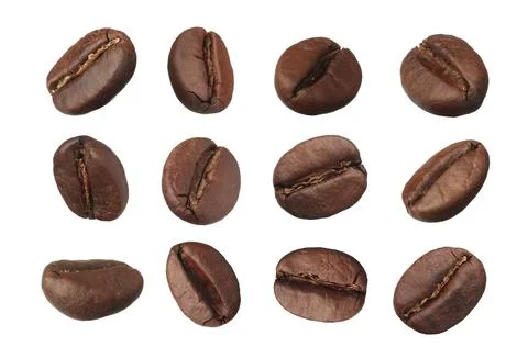 Set with aromatic roasted coffee beans on white background Foto stock