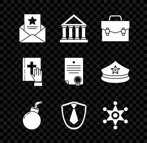 Set The arrest warrant, Courthouse building, Briefcase, Bomb ready to explode Stock Illustration