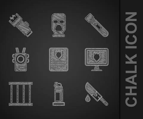 Set The arrest warrant, Pepper spray, Bloody knife, Police database, Prison Stock Illustration