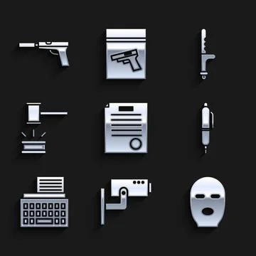 Set The arrest warrant, Security camera, Thief mask, Pen, Retro typewriter Stock Illustration