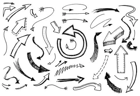 Set of arrow and pointer. Doodle style. Collection of icons and signs left right Stock Illustration