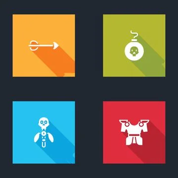 Set Arrow, Bomb ready to explode, Magic staff and Body armor icon. Vector Stock Illustration