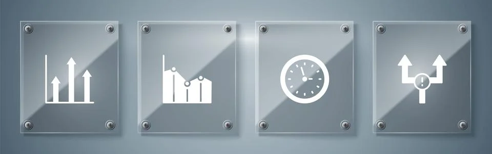 Set Arrow, Clock, Pie chart infographic and . Square glass panels. Vector Illustrazione stock