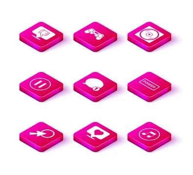 Set Arrow cursor, Like and heart, Pause button, Speech bubble chat, Music note Stock Illustration