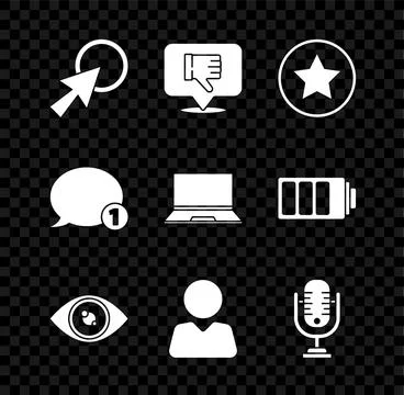 Set Arrow cursor Dislike in speech bubble Star Eye Add to friend Microphone S Ilustração Stock