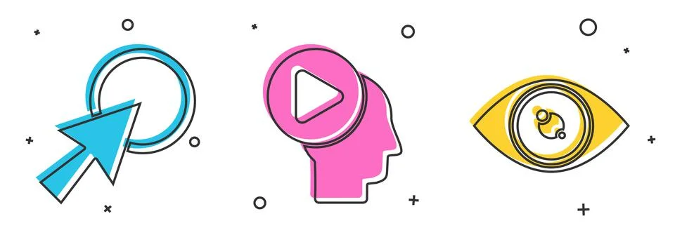 Set Arrow cursor, Head people with play button and Eye icon. Vector Illustrazione stock