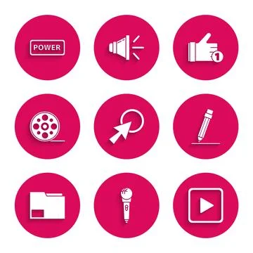Set Arrow cursor, Microphone, Play in square, Pencil with eraser, Document .. Stock Illustration