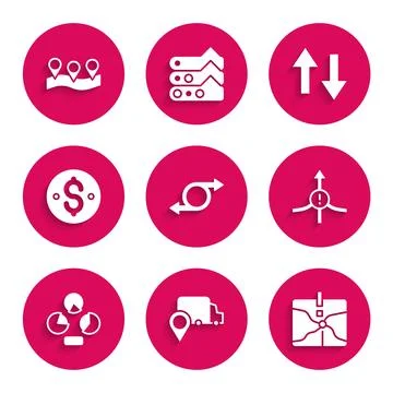 Set Arrow, Delivery tracking, Intersection point, Pie chart infographic, Do.. Ilustración de archivo