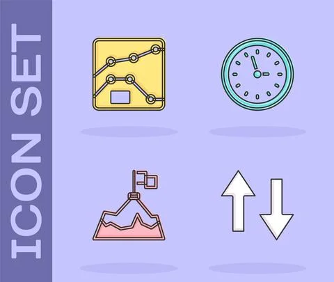 Set Arrow, Graph, chart, diagram, Mountains with flag and Clock icon. Vector Illustrazione stock