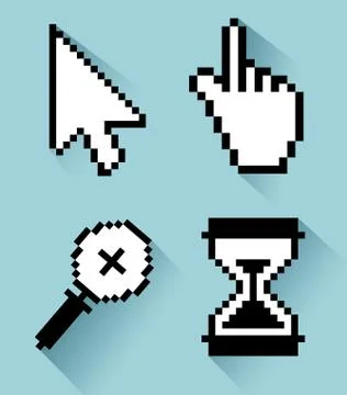 Set arrow with hand and magnifying glass with hourglass cursor Ilustração Stock